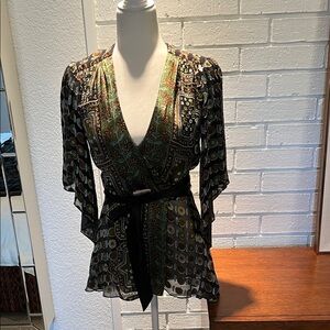 Single Green and Black Patterned Blouse